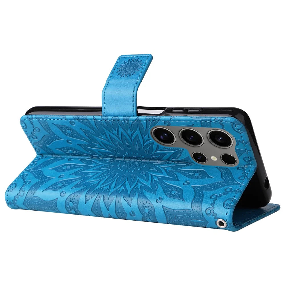 For Samsung Galaxy S25 Ultra Phone Case Sunflower Imprinted Leather Wallet Stand Cover with Strap - Blue - 4