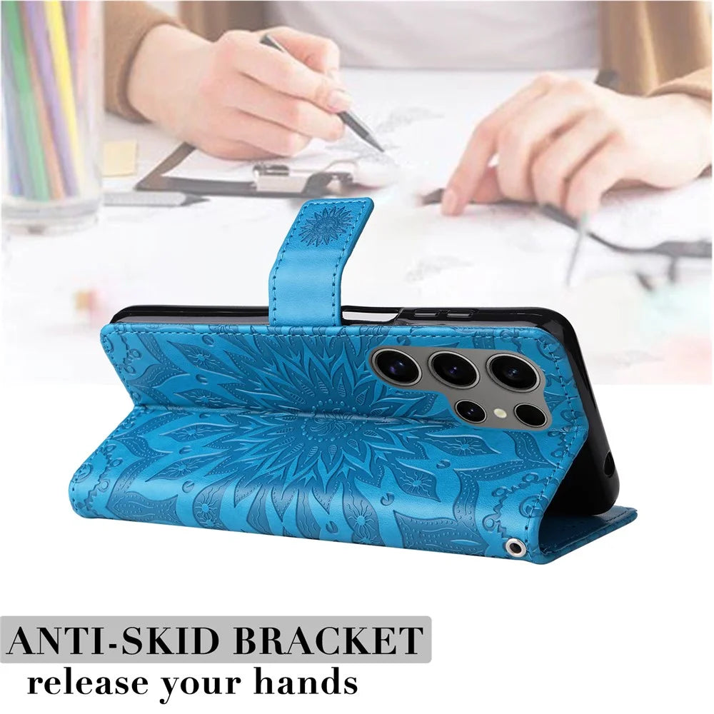 For Samsung Galaxy S25 Ultra Phone Case Sunflower Imprinted Leather Wallet Stand Cover with Strap - Blue - 5