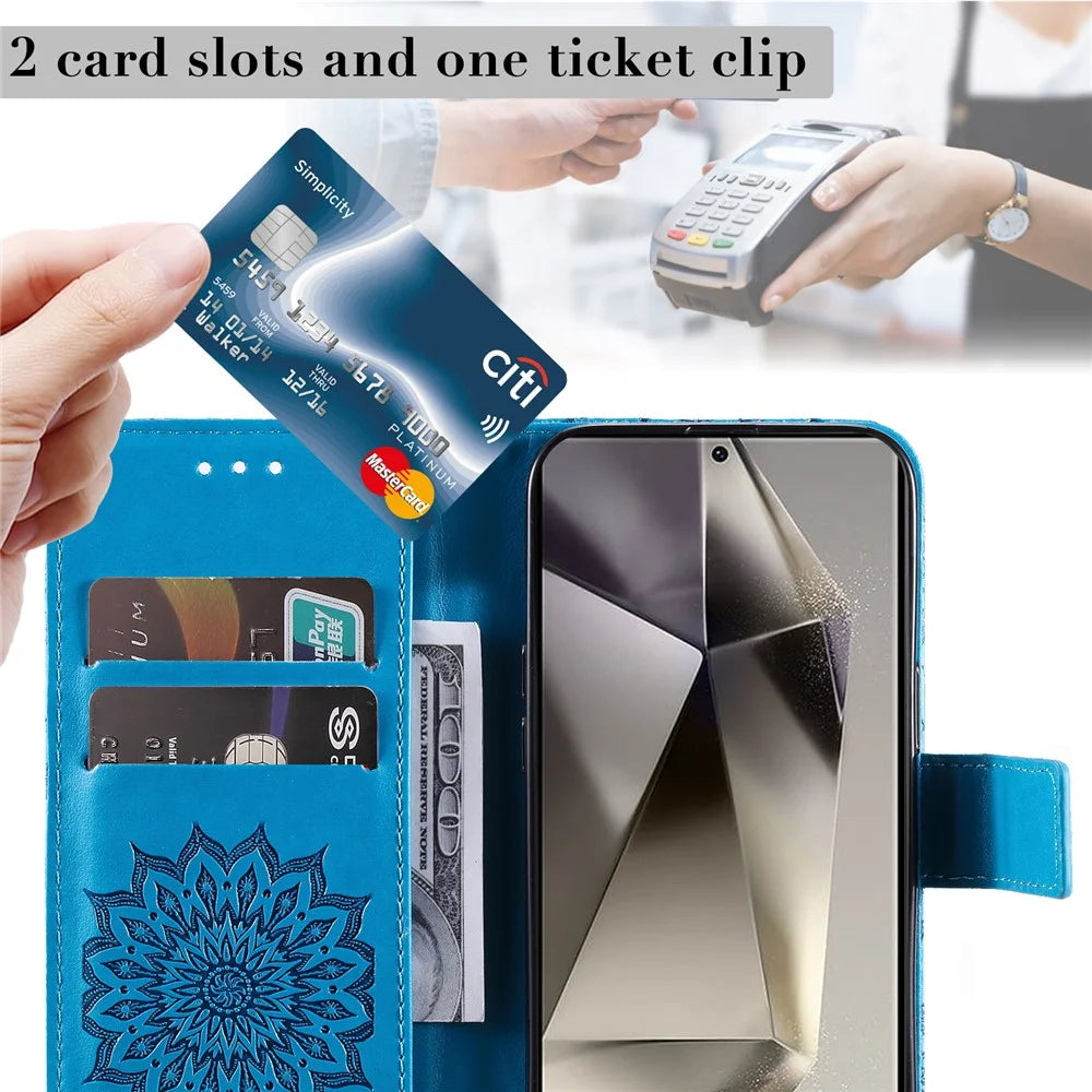 For Samsung Galaxy S25 Ultra Phone Case Sunflower Imprinted Leather Wallet Stand Cover with Strap - Blue - 6