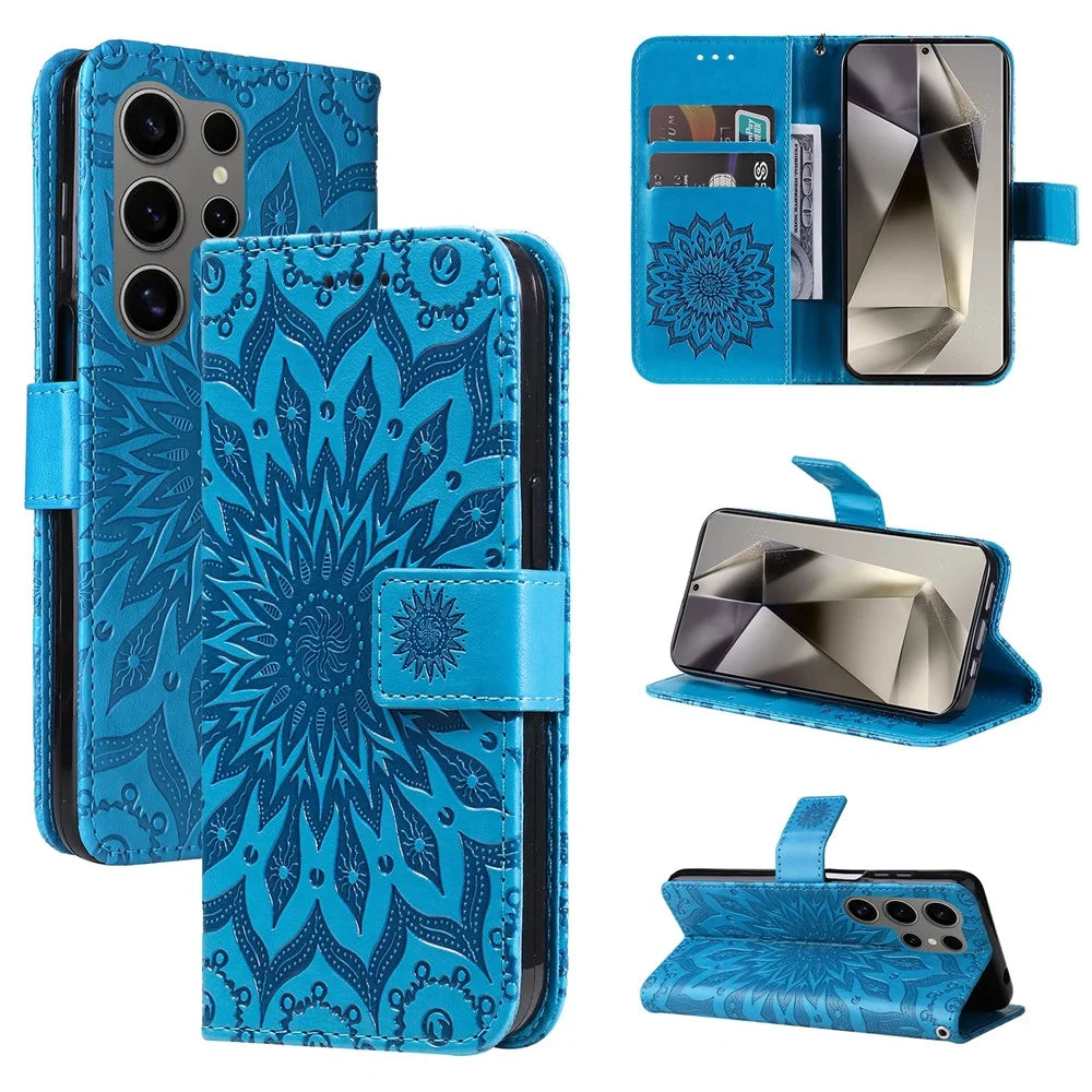 For Samsung Galaxy S25 Ultra Phone Case Sunflower Imprinted Leather Wallet Stand Cover with Strap - Blue - 7