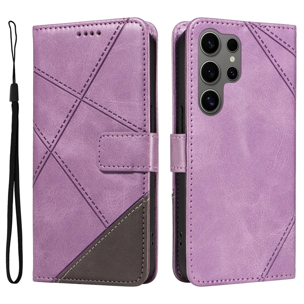 For Samsung Galaxy S25 Ultra Case Leather Geometric Line Wallet Phone Cover with Wrist Strap - Light Purple - 1
