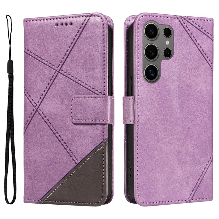 For Samsung Galaxy S25 Ultra Case Leather Geometric Line Wallet Phone Cover with Wrist Strap - Light Purple - 1