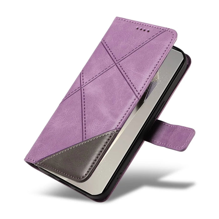 For Samsung Galaxy S25 Ultra Case Leather Geometric Line Wallet Phone Cover with Wrist Strap - Light Purple - 7
