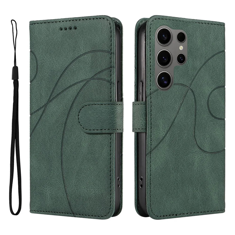 For Samsung Galaxy S25 Ultra Case Stand Wallet Leather Phone Cover Curved Line Wrist Strap - Green - 1