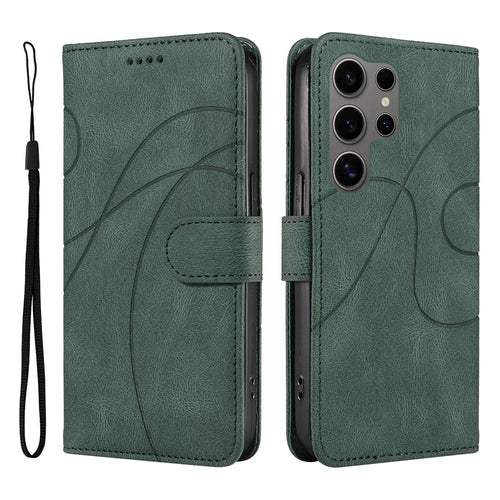 For Samsung Galaxy S25 Ultra Case Stand Wallet Leather Phone Cover Curved Line Wrist Strap - Green - 1