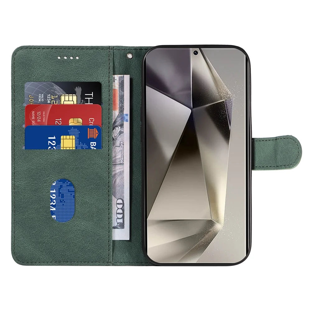 For Samsung Galaxy S25 Ultra Case Stand Wallet Leather Phone Cover Curved Line Wrist Strap - Green - 2