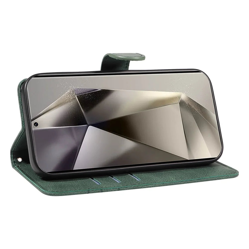 For Samsung Galaxy S25 Ultra Case Stand Wallet Leather Phone Cover Curved Line Wrist Strap - Green - 3