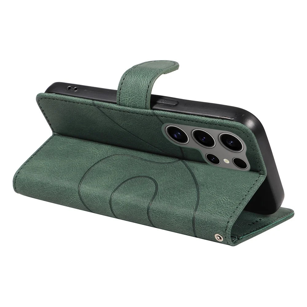 For Samsung Galaxy S25 Ultra Case Stand Wallet Leather Phone Cover Curved Line Wrist Strap - Green - 4