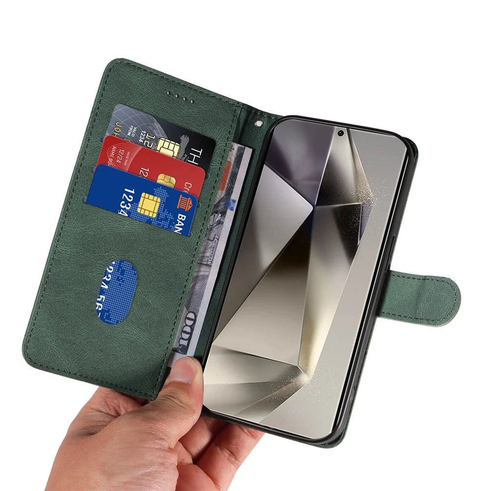 For Samsung Galaxy S25 Ultra Case Stand Wallet Leather Phone Cover Curved Line Wrist Strap - Green - 5