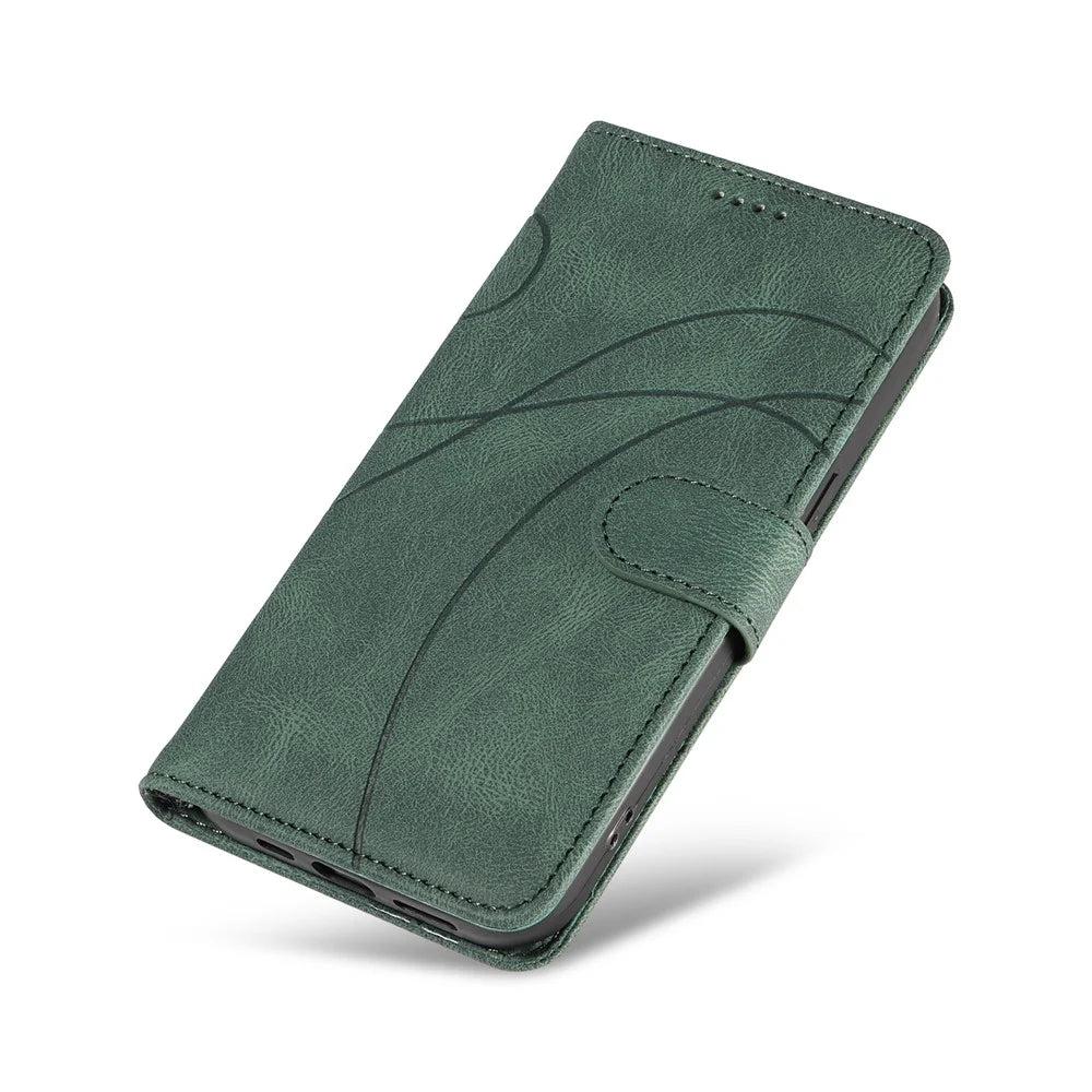 For Samsung Galaxy S25 Ultra Case Stand Wallet Leather Phone Cover Curved Line Wrist Strap - Green - 6