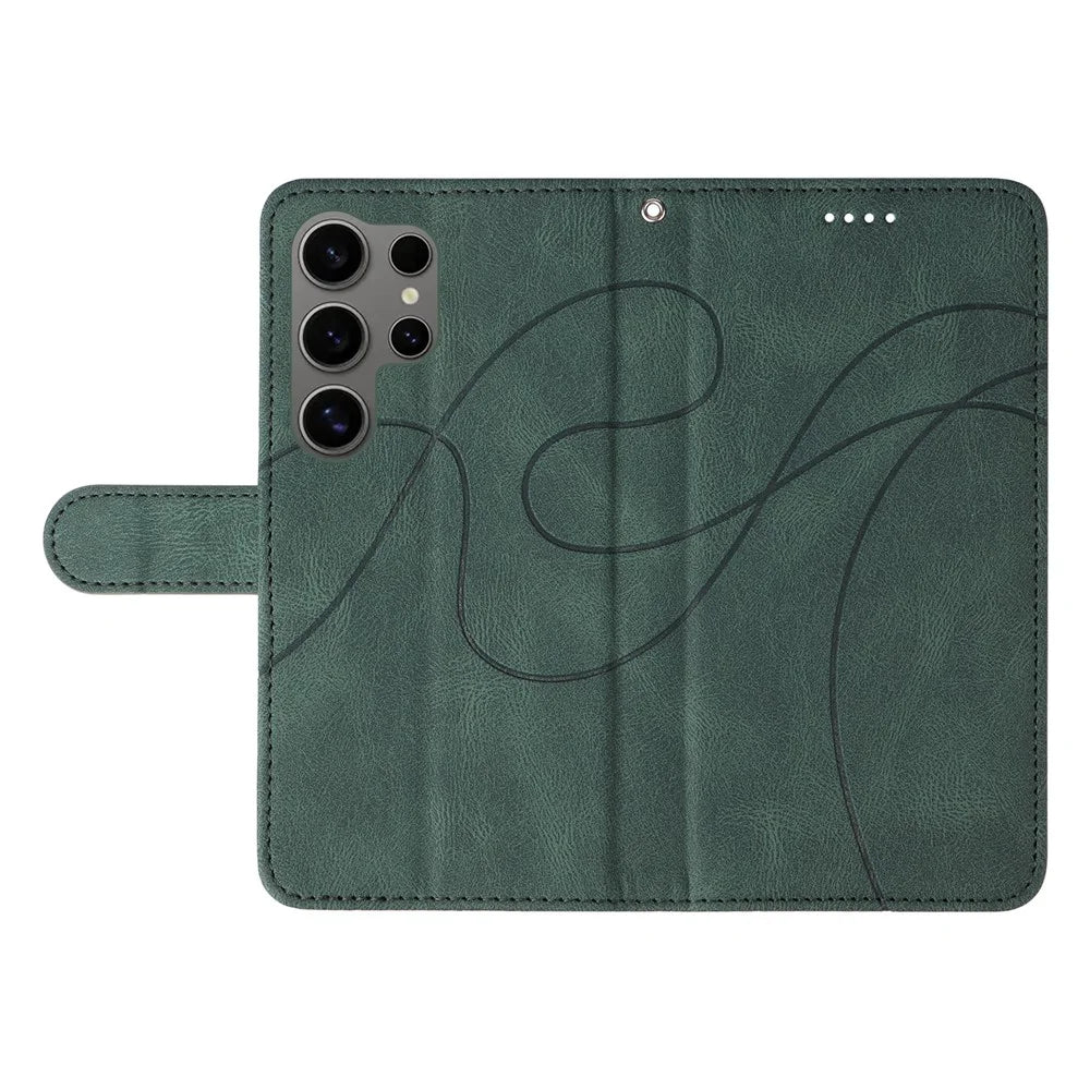 For Samsung Galaxy S25 Ultra Case Stand Wallet Leather Phone Cover Curved Line Wrist Strap - Green - 7