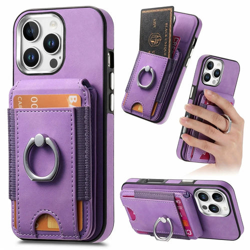 For iPhone 16 Pro Max Case Skin-Touch Texture Vertical Flip Card Holder Phone Cover with Ring Holder Kickstand - Purple - 1