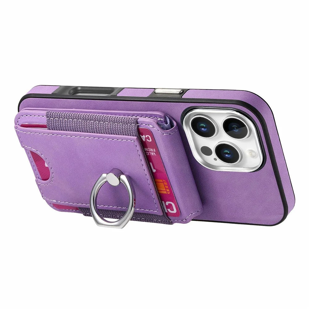 For iPhone 16 Pro Max Case Skin-Touch Texture Vertical Flip Card Holder Phone Cover with Ring Holder Kickstand - Purple - 3