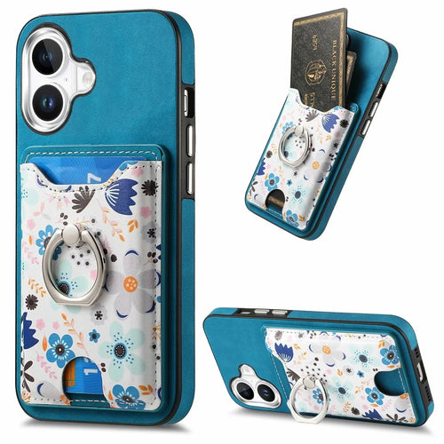 For iPhone 16 Case Kickstand Leather Coated TPU Pattern Back Cover - Blue - 1