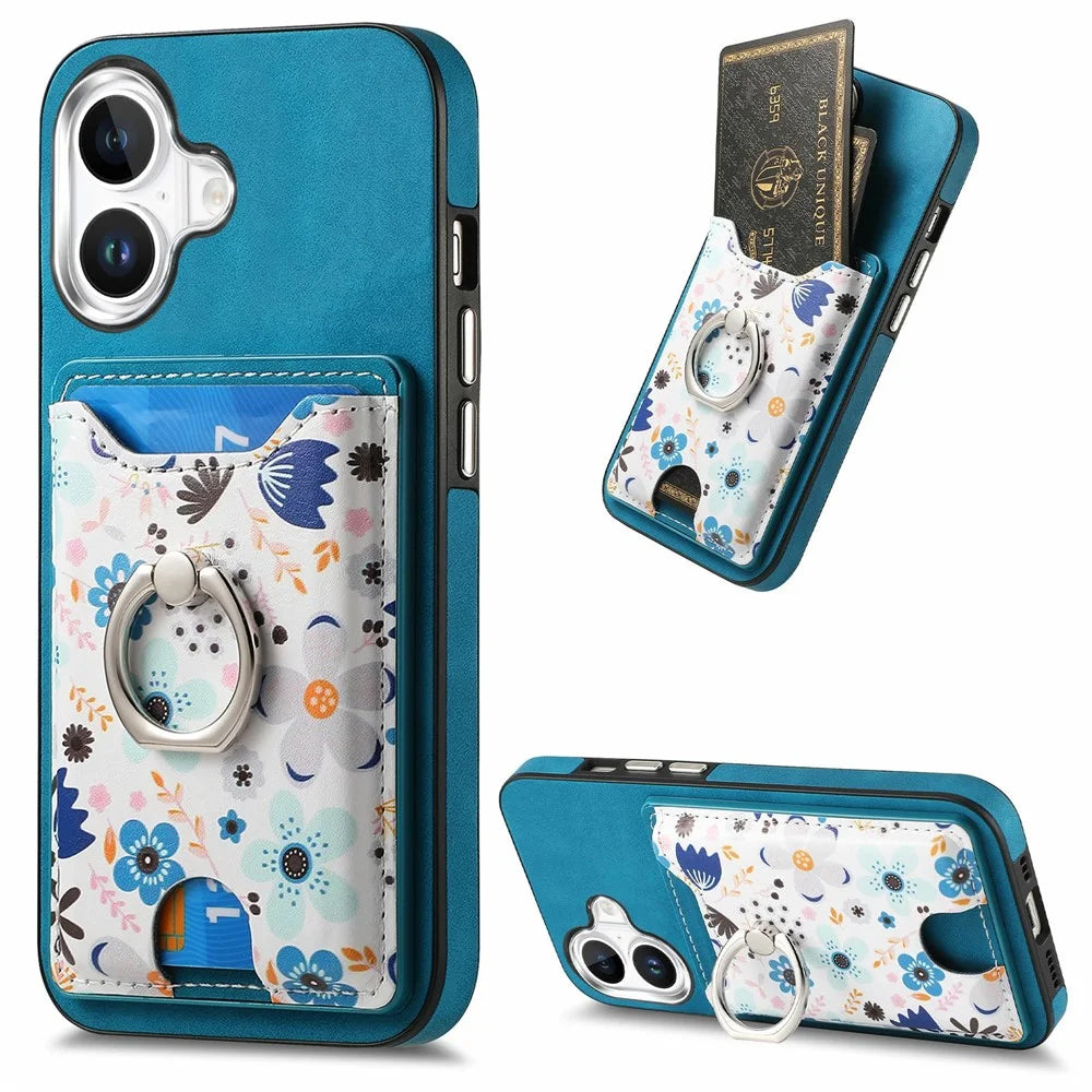 For iPhone 16 Case Kickstand Leather Coated TPU Pattern Back Cover - Blue - 1