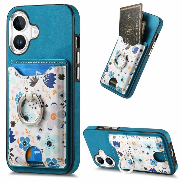 For iPhone 16 Case Kickstand Leather Coated TPU Pattern Back Cover - Blue - 1