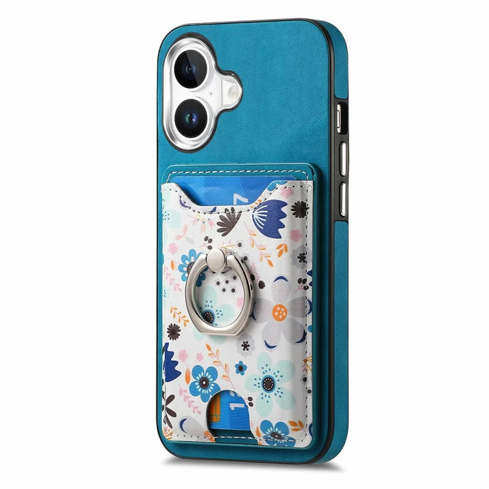 For iPhone 16 Case Kickstand Leather Coated TPU Pattern Back Cover - Blue - 3