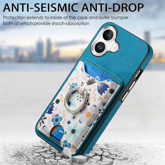 For iPhone 16 Case Kickstand Leather Coated TPU Pattern Back Cover - Blue - 5
