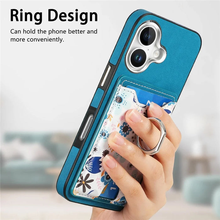 For iPhone 16 Case Kickstand Leather Coated TPU Pattern Back Cover - Blue - 6