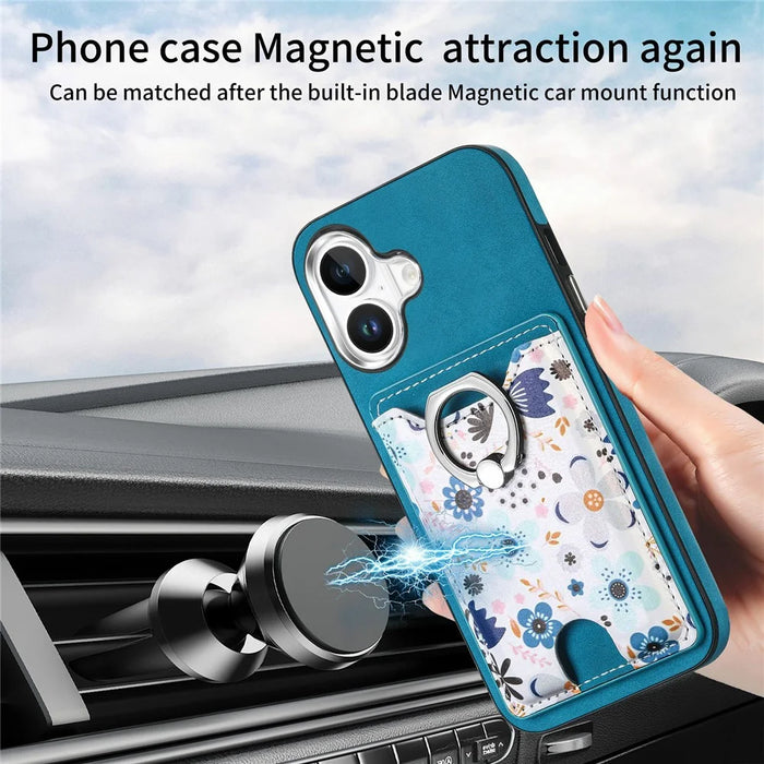 For iPhone 16 Case Kickstand Leather Coated TPU Pattern Back Cover - Blue - 7