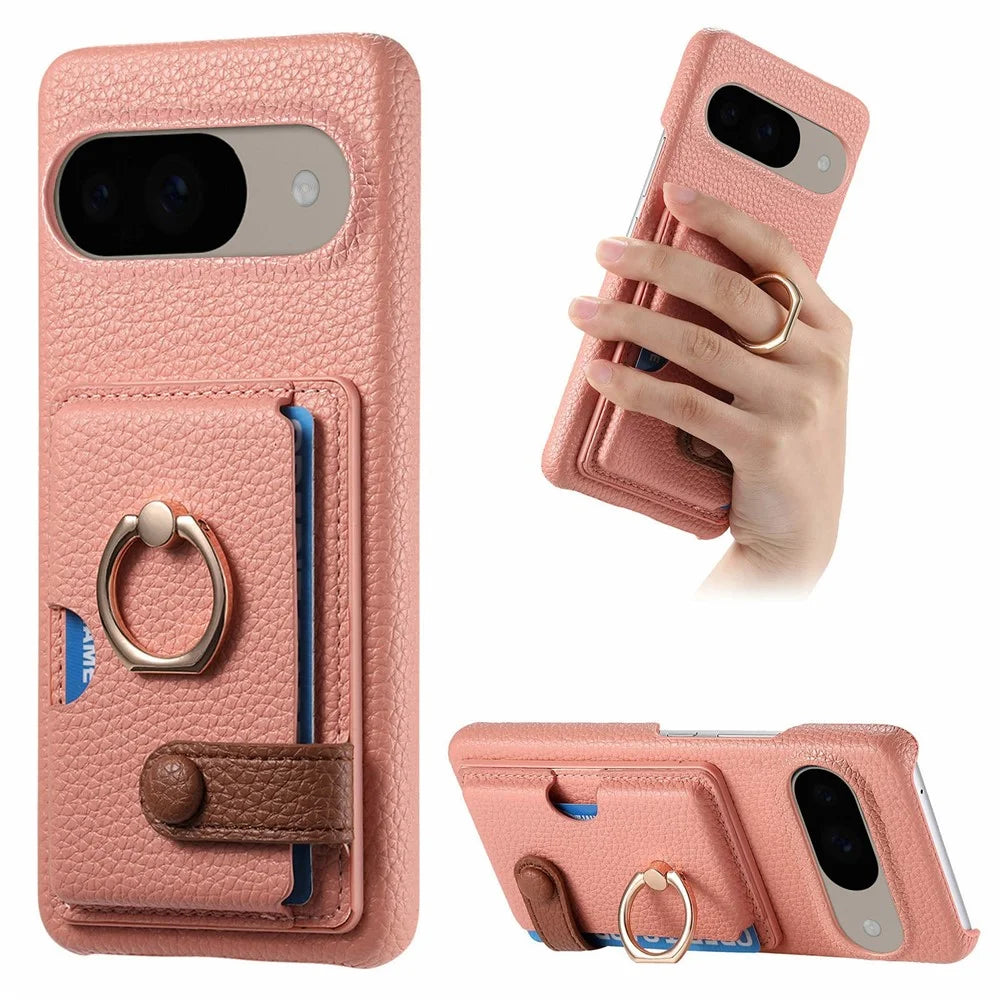 For Google Pixel 9 / 9 Pro Case Ring Holder Kickstand Card Slot Leather Phone Back Cover - Pink - 1