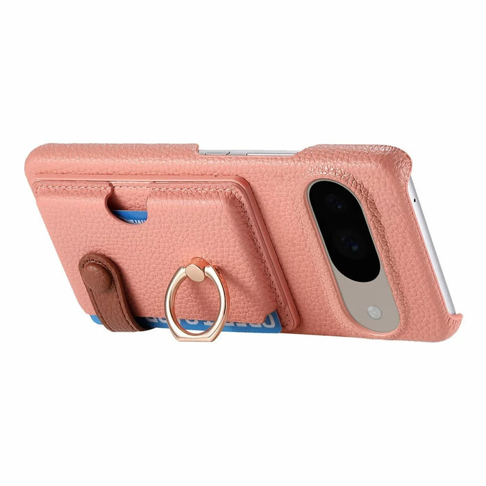 For Google Pixel 9 / 9 Pro Case Ring Holder Kickstand Card Slot Leather Phone Back Cover - Pink - 2