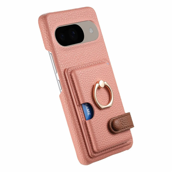 For Google Pixel 9 / 9 Pro Case Ring Holder Kickstand Card Slot Leather Phone Back Cover - Pink - 3