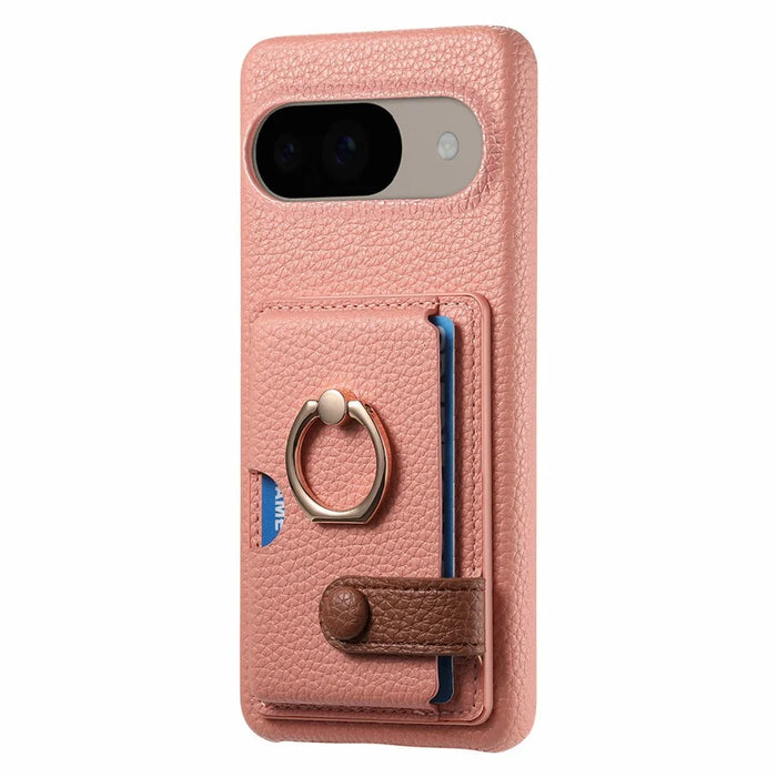 For Google Pixel 9 / 9 Pro Case Ring Holder Kickstand Card Slot Leather Phone Back Cover - Pink - 4