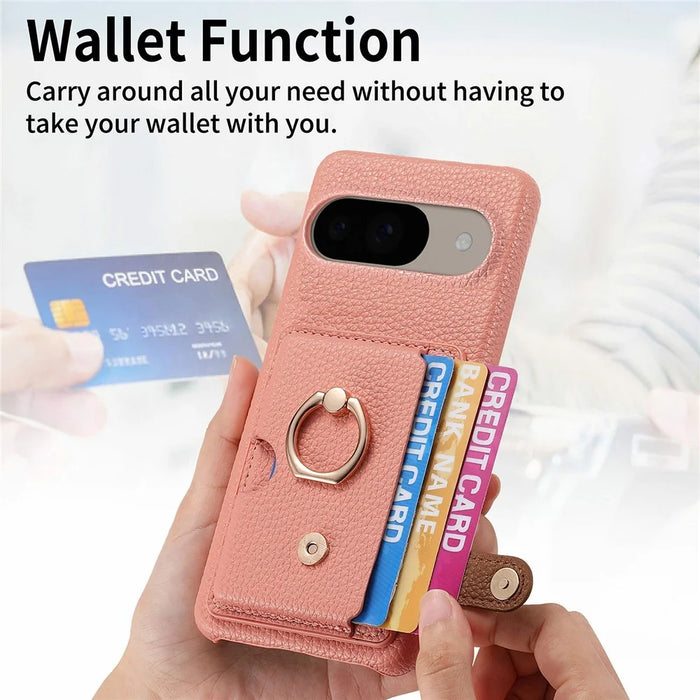 For Google Pixel 9 / 9 Pro Case Ring Holder Kickstand Card Slot Leather Phone Back Cover - Pink - 5