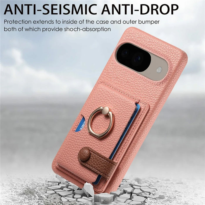 For Google Pixel 9 / 9 Pro Case Ring Holder Kickstand Card Slot Leather Phone Back Cover - Pink - 6