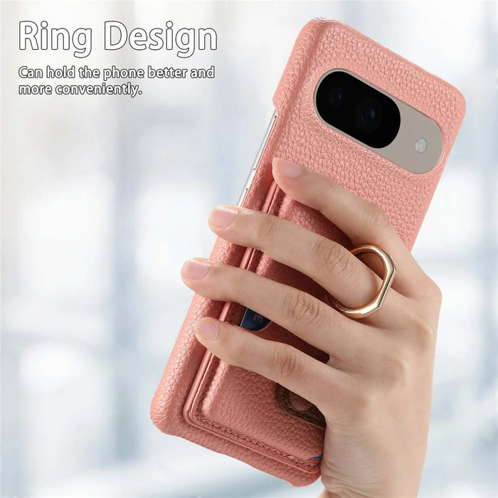 For Google Pixel 9 / 9 Pro Case Ring Holder Kickstand Card Slot Leather Phone Back Cover - Pink - 7