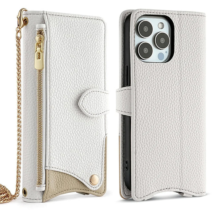 For iPhone 16 Pro Leather Case Wallet Stand Cover Irregular Tail Style with Chain Strap - White - 1