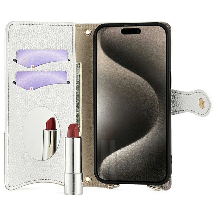 For iPhone 16 Pro Leather Case Wallet Stand Cover Irregular Tail Style with Chain Strap - White - 2