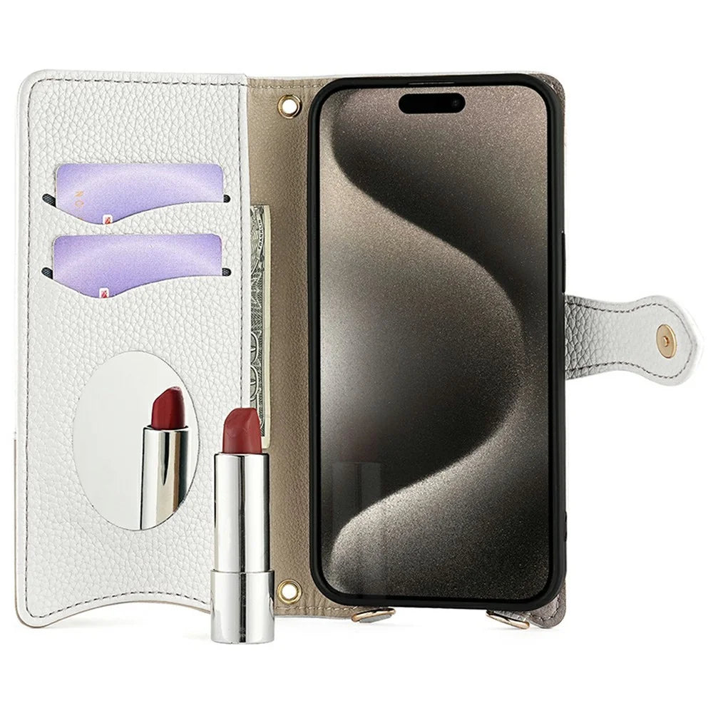 For iPhone 16 Pro Max Leather Case Wallet Stand Cover Irregular Tail Style with Chain Strap - White - 2