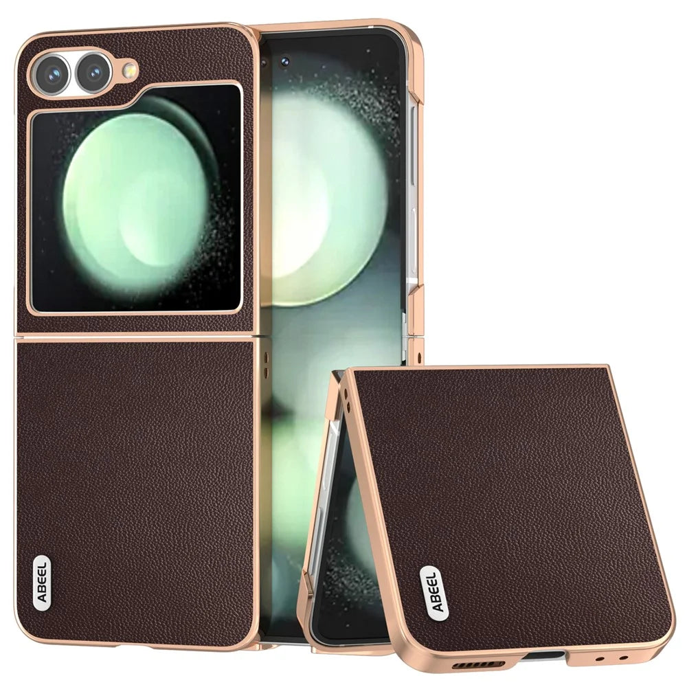 ABEEL For Samsung Galaxy Z Flip7 FE 5G / Z Flip6 5G Case Electroplating Genuine Cow Leather PC Phone Cover - Coffee - 1
