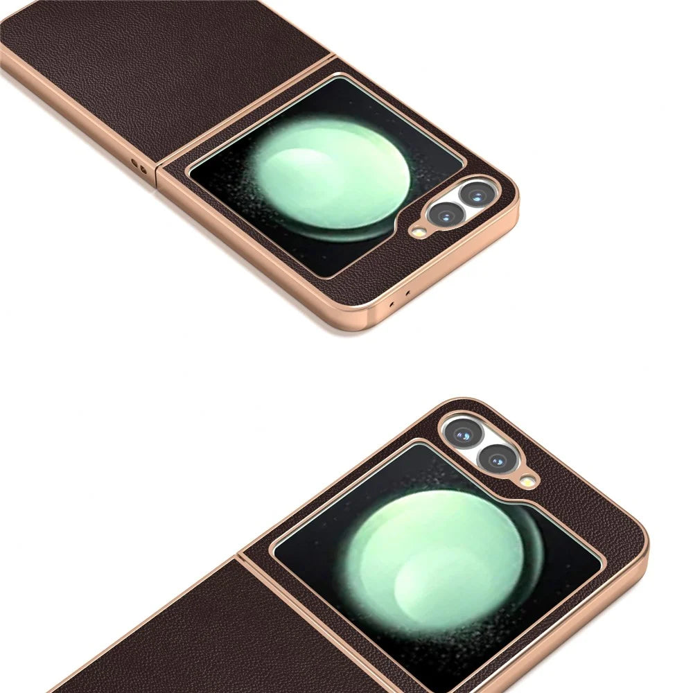 ABEEL For Samsung Galaxy Z Flip7 FE 5G / Z Flip6 5G Case Electroplating Genuine Cow Leather PC Phone Cover - Coffee - 2