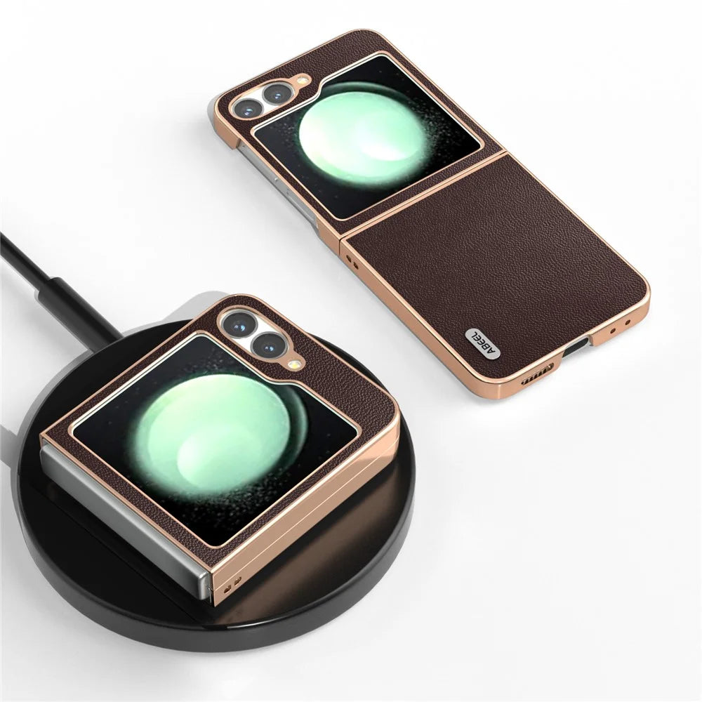 ABEEL For Samsung Galaxy Z Flip7 FE 5G / Z Flip6 5G Case Electroplating Genuine Cow Leather PC Phone Cover - Coffee - 3