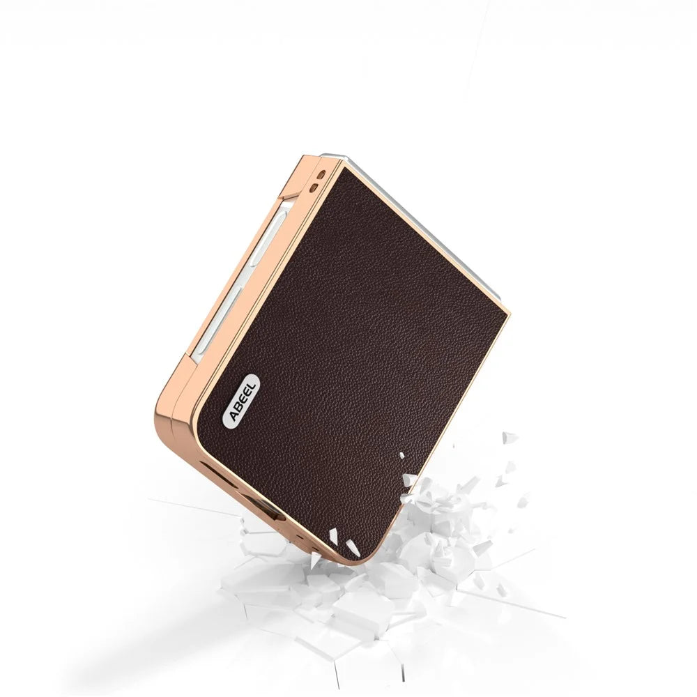ABEEL For Samsung Galaxy Z Flip7 FE 5G / Z Flip6 5G Case Electroplating Genuine Cow Leather PC Phone Cover - Coffee - 4