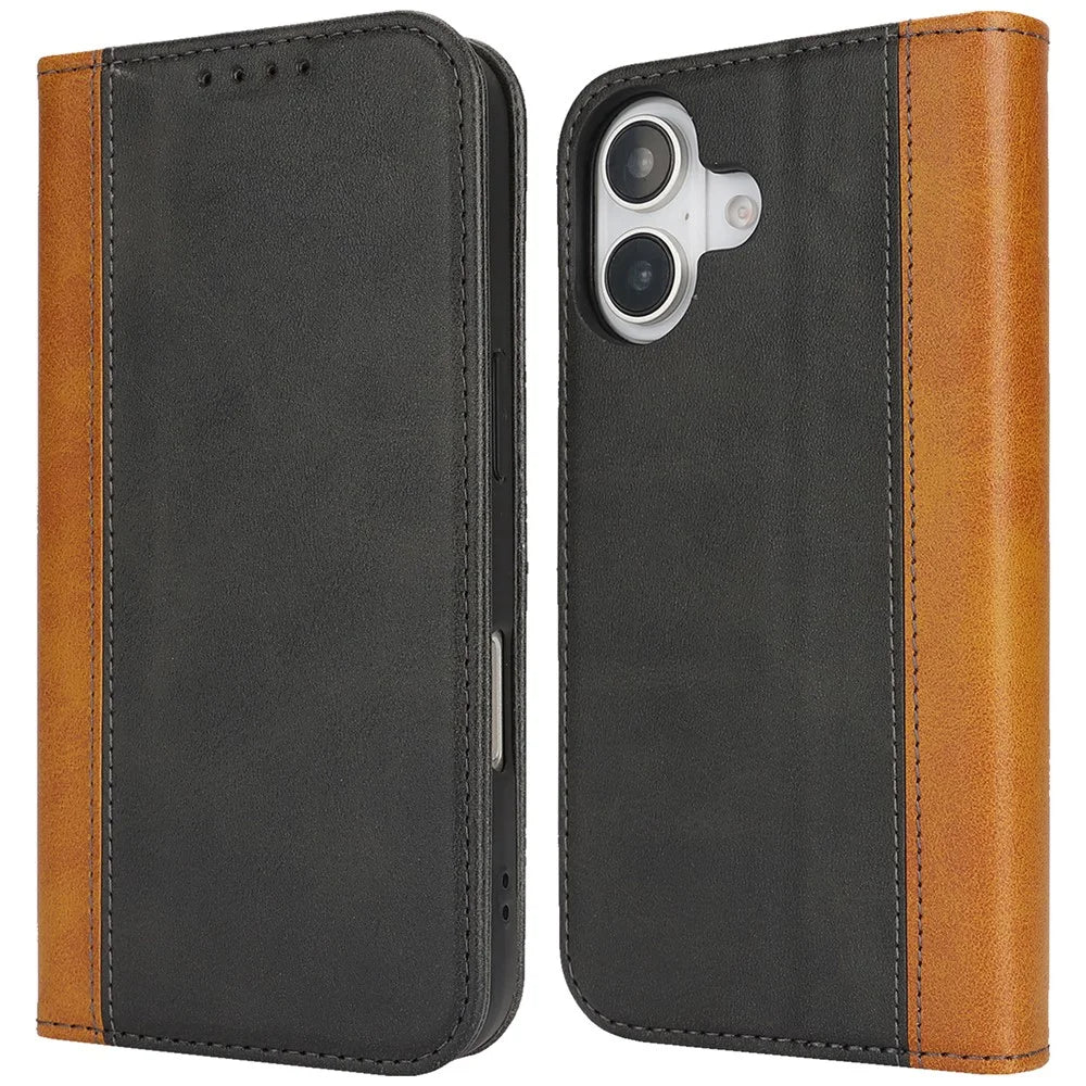 For iPhone 16 Case Calf Texture 3 Card Slots Color Splicing Leather Phone Cover - Black+Yellow - 1