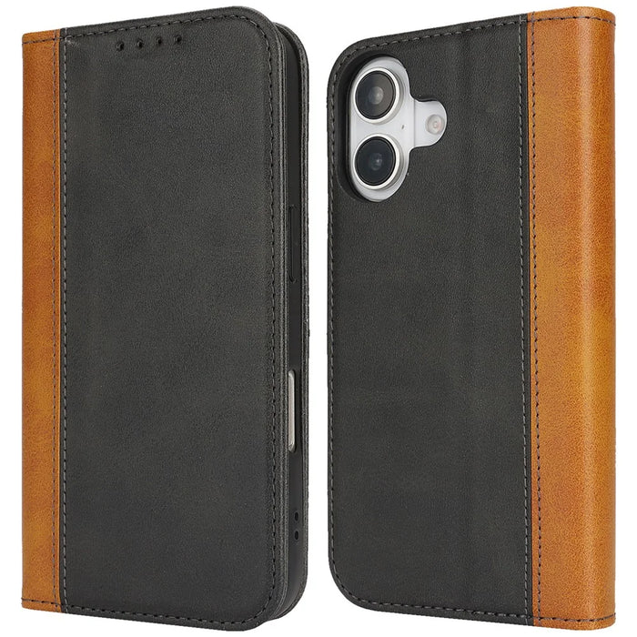 For iPhone 16 Case Calf Texture 3 Card Slots Color Splicing Leather Phone Cover - Black+Yellow - 1