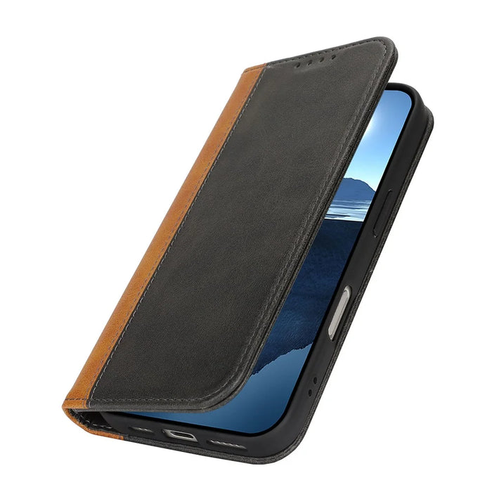 For iPhone 16 Case Calf Texture 3 Card Slots Color Splicing Leather Phone Cover - Black+Yellow - 4