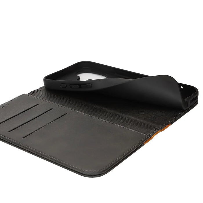 For iPhone 16 Case Calf Texture 3 Card Slots Color Splicing Leather Phone Cover - Black+Yellow - 5