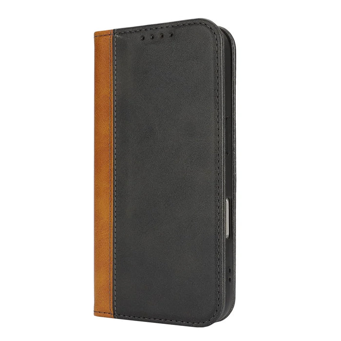 For iPhone 16 Case Calf Texture 3 Card Slots Color Splicing Leather Phone Cover - Black+Yellow - 6