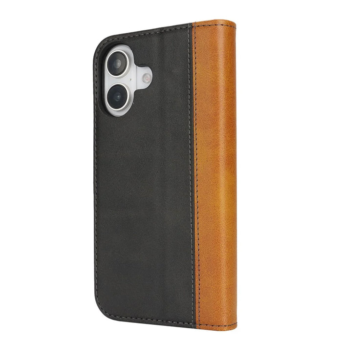 For iPhone 16 Case Calf Texture 3 Card Slots Color Splicing Leather Phone Cover - Black+Yellow - 7