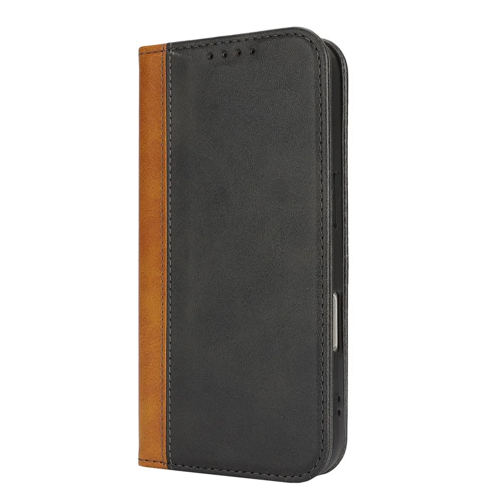 For iPhone 16 Plus Case Calf Texture 3 Card Slots Color Splicing Leather Phone Cover - Black+Yellow - 6