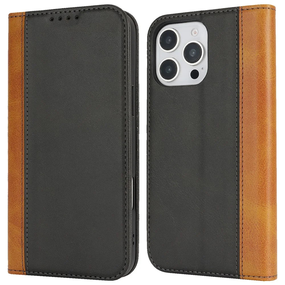 For iPhone 16 Pro Case Calf Texture 3 Card Slots Color Splicing Leather Phone Cover - Black+Yellow - 1