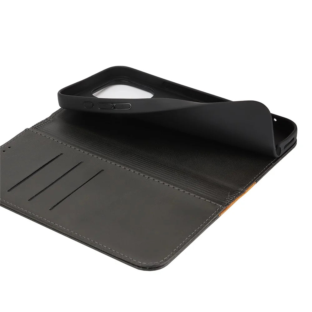 For iPhone 16 Pro Case Calf Texture 3 Card Slots Color Splicing Leather Phone Cover - Black+Yellow - 5