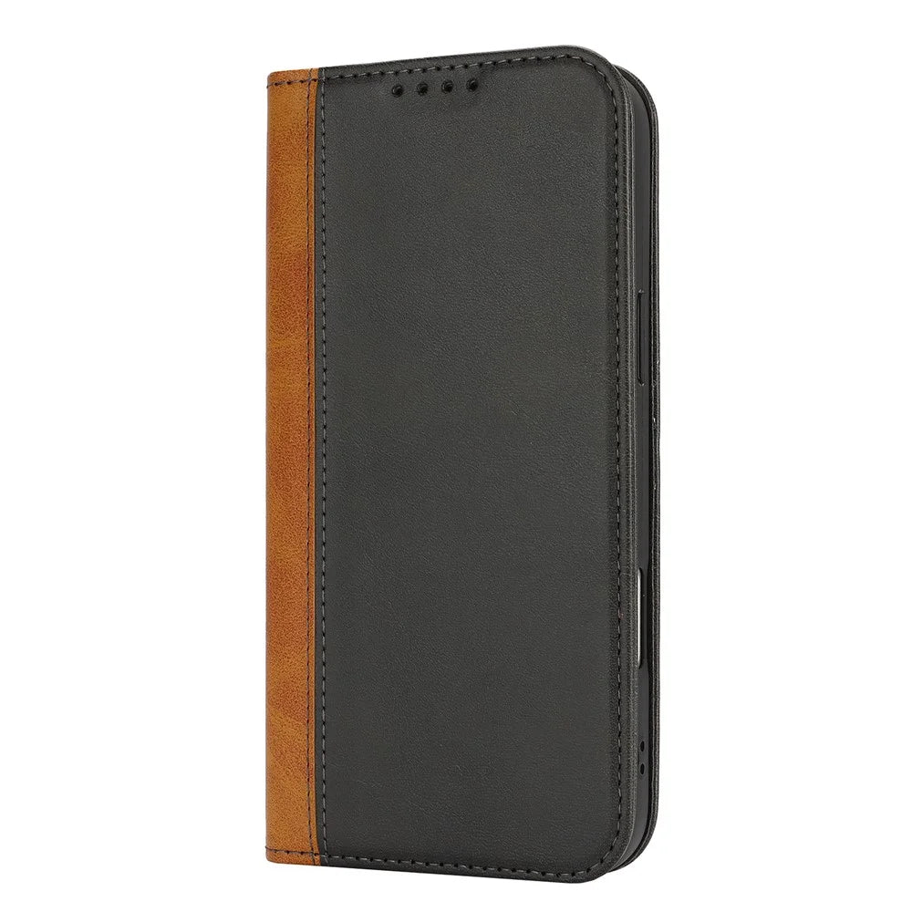 For iPhone 16 Pro Case Calf Texture 3 Card Slots Color Splicing Leather Phone Cover - Black+Yellow - 6