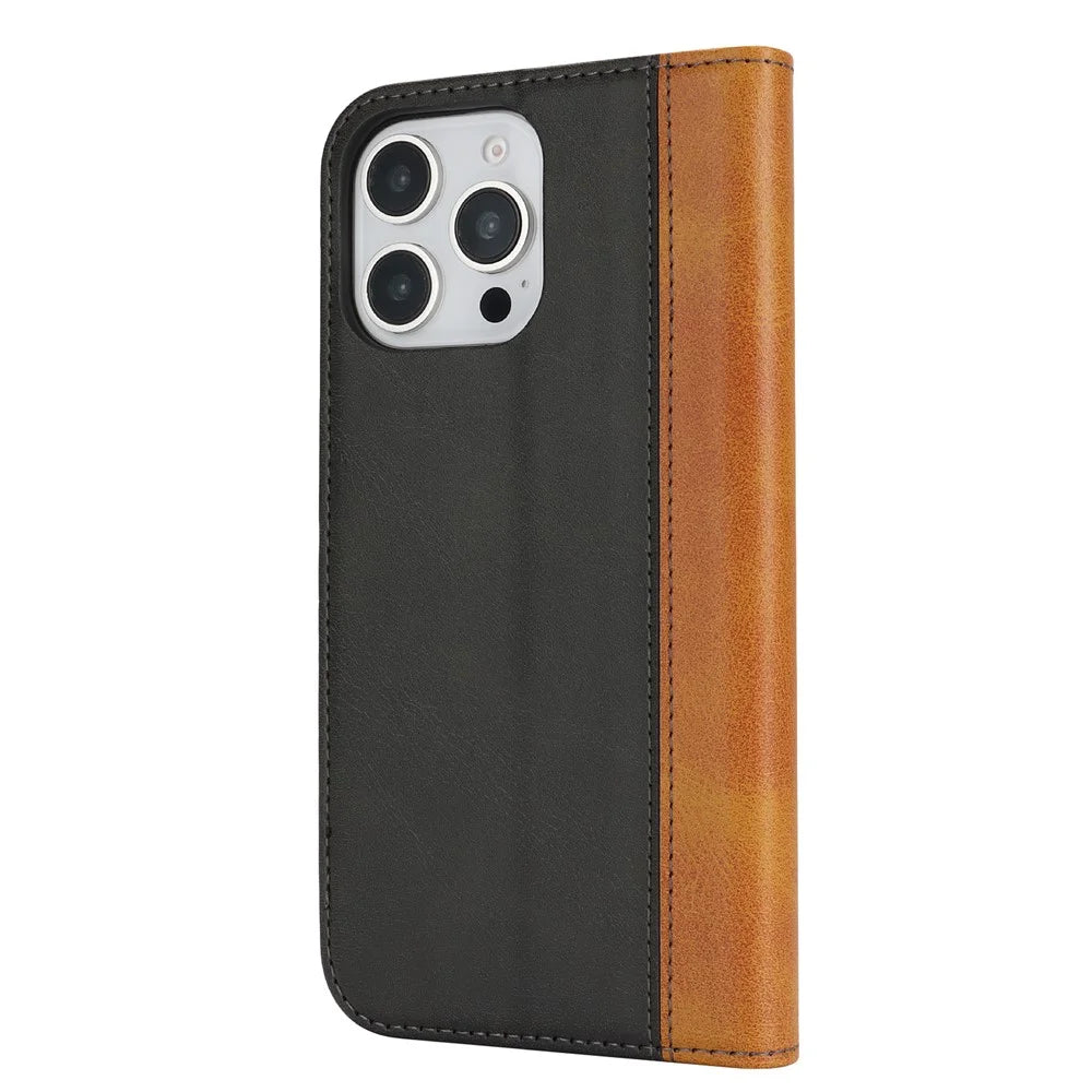 For iPhone 16 Pro Case Calf Texture 3 Card Slots Color Splicing Leather Phone Cover - Black+Yellow - 7