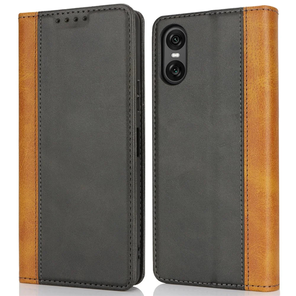 For Sony Xperia 10 VI Case Calf Texture 3 Card Slots Color Splicing Leather Phone Cover - Black+Yellow - 1